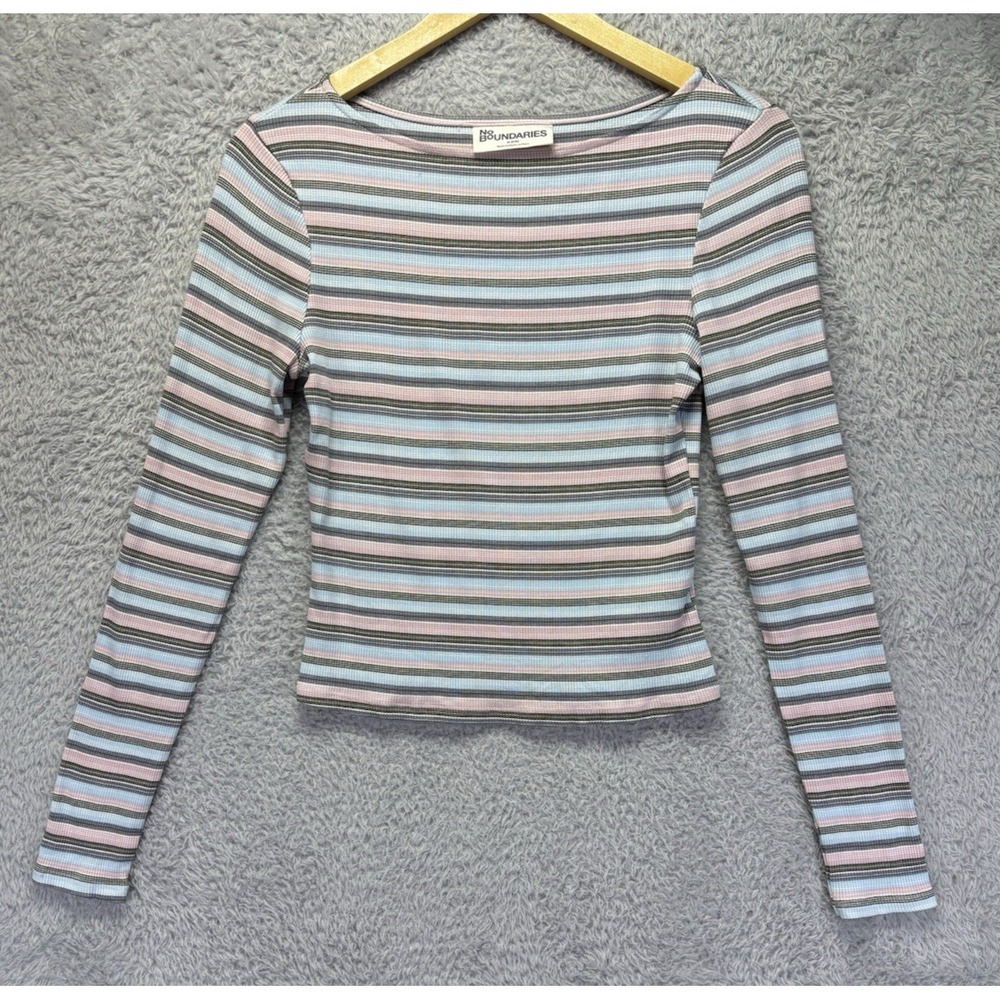 No Boundaries Womens M Y2K Striped Ribbed Crop Top Long Sleeve Fitted 2000s